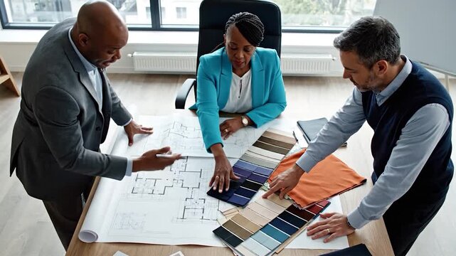 A diverse team of professional architects and designers reviews building blueprints and material samples in a modern office workspace