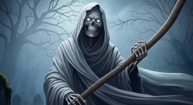 grim reaper in moonlit cemetery with scythe in eerie fog
