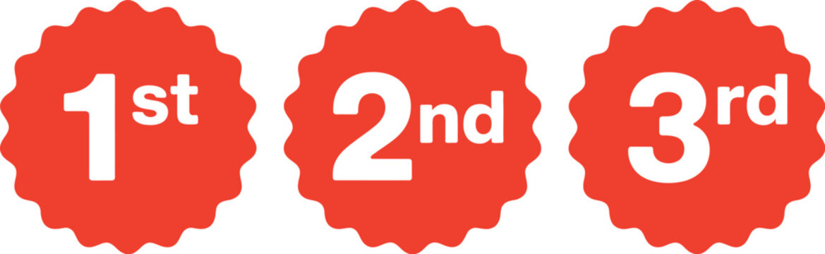 Three red scalloped circles featuring white numbers 1st, 2nd, 3rd placed on a white background, design for ranking