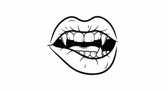 Biting lips with prominent fangs and white teeth displayed