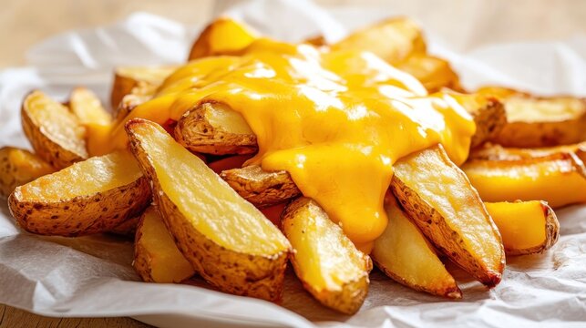Freshly Fried Potato Fries with Melted Yellow Cheese on Display