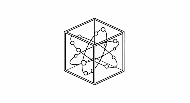 Abstract depiction of atomic structure within a transparent cube