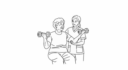 Fototapeta premium An elderly woman exercises with dumbbells under a caregiver's guidance