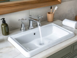 Fototapeta premium Running water in clean bathroom sink with soap dispenser
