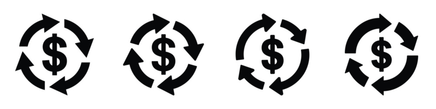Money Cycle Icon Set with Dollar Sign and Circular Arrows &ndash; Cash Flow, Payment Rotation, Financial Exchange, Refund and Recycling Finance Concept Black Vector Illustration
