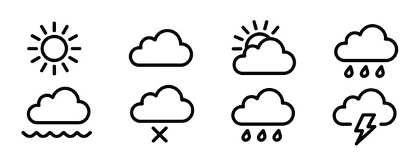 Obraz premium Outline Weather Icons Isolated Sun Cloud Snow Wind Forecast Symbols Vector Illustration White Background