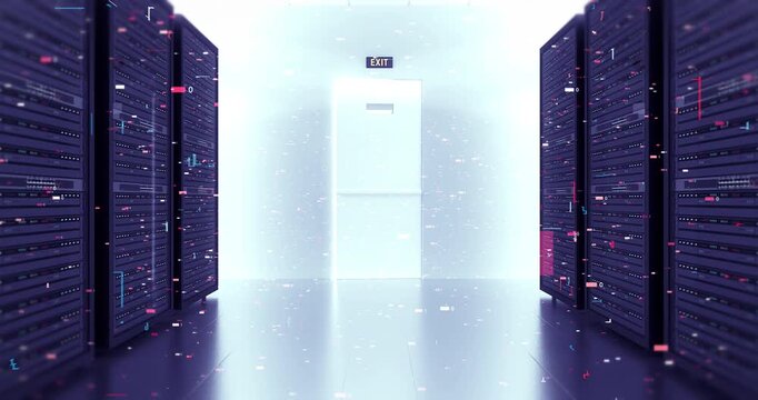 Modern cloud computing data center with server lights and AI motherboard. Technology Related 3D Animation.