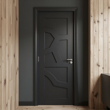 Modern dark grey wooden door design set in a light beige wall interior for elegant home renovations contemporary residential architecture and stylish entryway concepts.