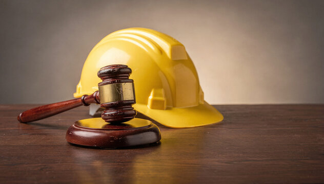 Justice in Construction: Gavel and Hard Hat on a Wooden Table