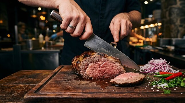 Chef hands slicing juicy roast beef on wooden board in restaurant kitchen