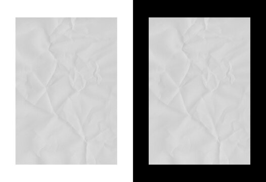 Duotone split vertical rectangles of textured white crumpled paper showing creases and folds against black and white