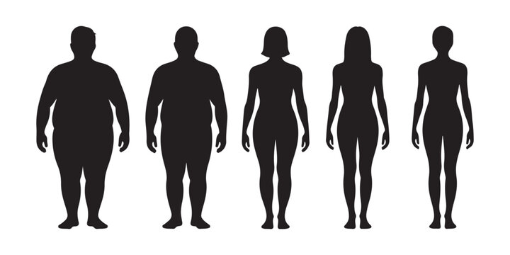 Row of five human silhouettes from front view showing weight loss progress and body shape transformation art.