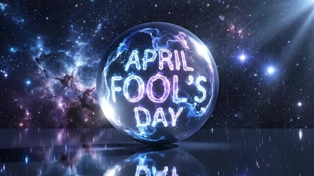 April Fool's Day glowing text inside a magical cosmic orb, nebula starfield background with floor reflection, festive holiday celebration, mystical greeting or social media promo.