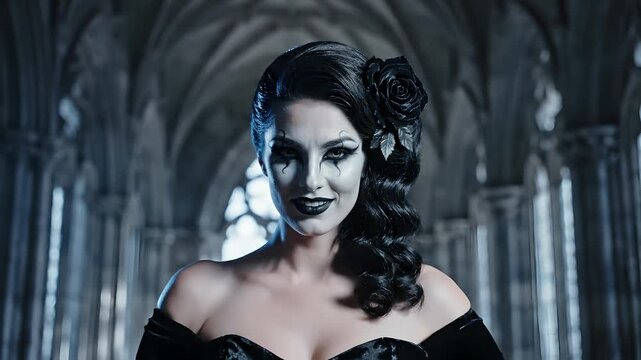 Sinister gothic queen in black velvet dress smiling in misty cathedral, elegant horror makeup for Halloween promos, dark fantasy cinema, and occult aesthetic.