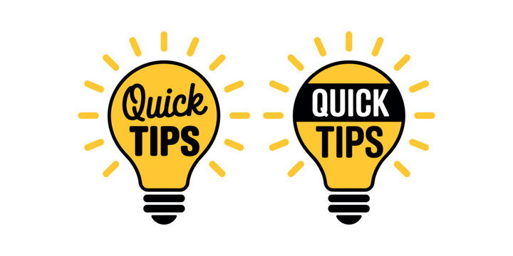 Two yellow light bulbs with black text quick tips and radiating yellow rays on a white background 