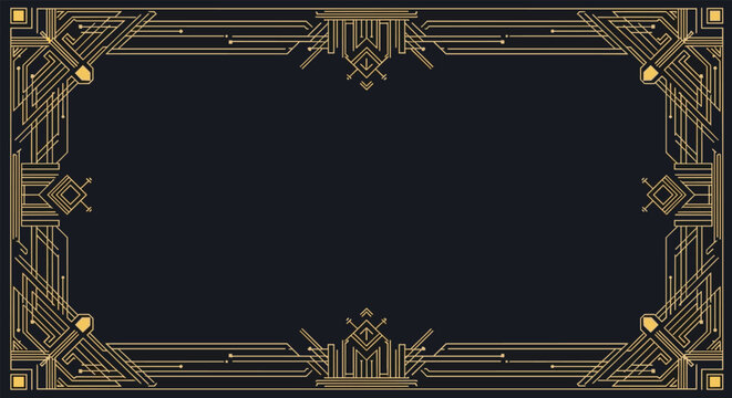 Elegant art deco border design featuring intricate gold geometric lines on a dark blue vintage style background.