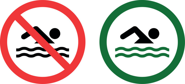 Swimming sign icons set vector illustration including swimming allowed and no swimming symbols for safety, warning, and recreational design projects