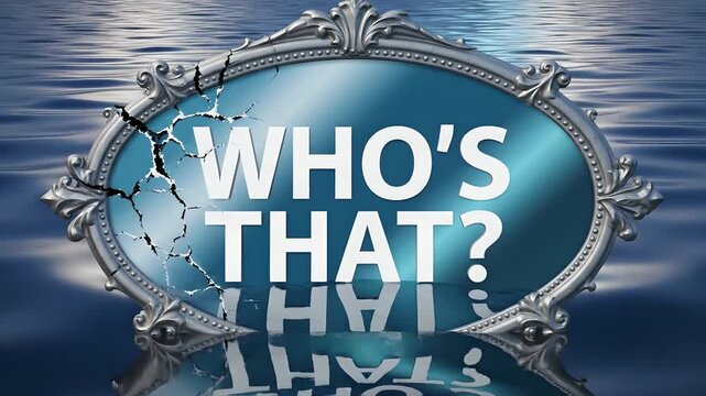 Ornate silver mirror with cracked glass frame surfacing from rippling blue water, featuring Who's That? text for mystery reveals, identity branding, and intriguing intros.