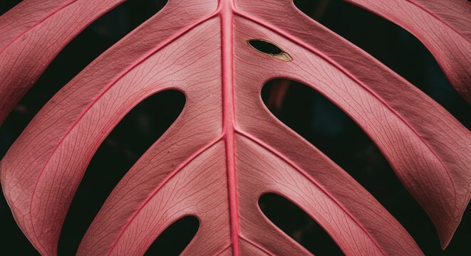 Closeup of pink monstera leaf.