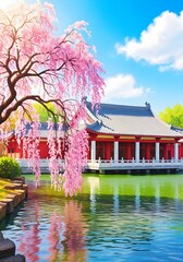 Obraz premium A serene asianstyle building with a weeping cherry blossom tree beside a tranquil pond on a sunny day with blue sky