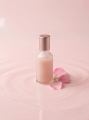 Pink skincare serum bottle with rose petal in water ripple. Cosmetic luxury product packaging for face beauty treatment. Organic natural essential oil essence for skin freshness concept.