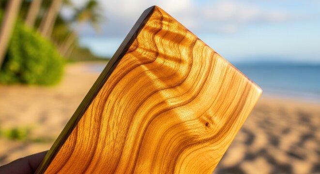 Close-up of rich golden brown Koa wood grain with swirling patterns against a blurred tropical beach backdrop