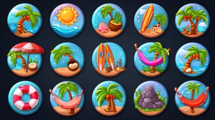 Fototapeta premium Collection of cartoonish, circular beach-themed icons