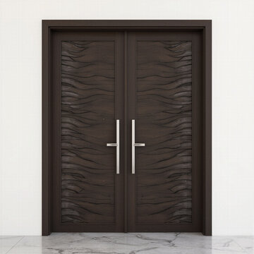Modern dark brown wooden double door design set in a light beige wall exterior for elegant home renovations contemporary residential architecture and stylish entryway concepts.