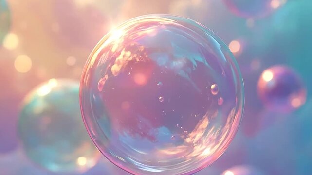 Floating iridescent soap bubbles drifting against a soft pastel colored cloudy sky background