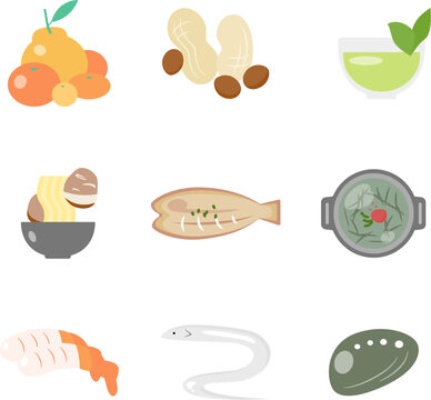 Jeju Island Food Icon Set, Korean Local Specialty Cuisine and Seafood Flat Illustration Collection