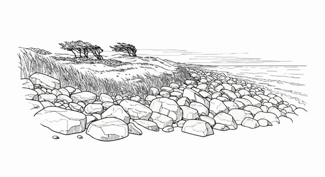 A windswept coastal scene with rolling waves, grassy dunes, and scattered boulders