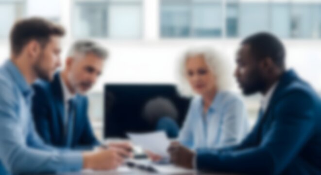Dynamic office meeting with blur background team collaboration business strategy and modern workplace concepts
