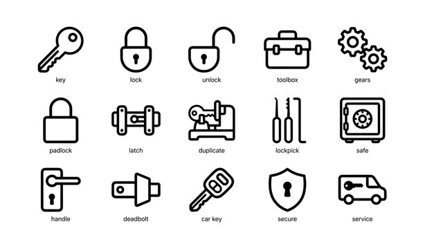 Black and white icons of key, lock, toolbox, gears, padlock, and safe