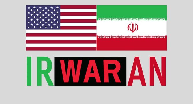 Conceptual animation of USA and Iran flags with dynamic text morphing from IRAN to IRWARAN, symbolizing rising geopolitical tensions, military conflict risk, and political crisis.