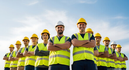 Diverse group of industrial workers wearing safety vests and hard hats standing in line with arms crossed against clear sky representing team work