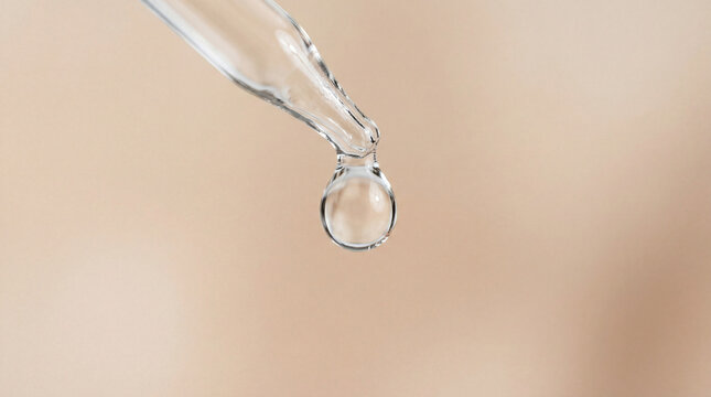 Drop of clear skincare serum falling from glass pipette against soft background