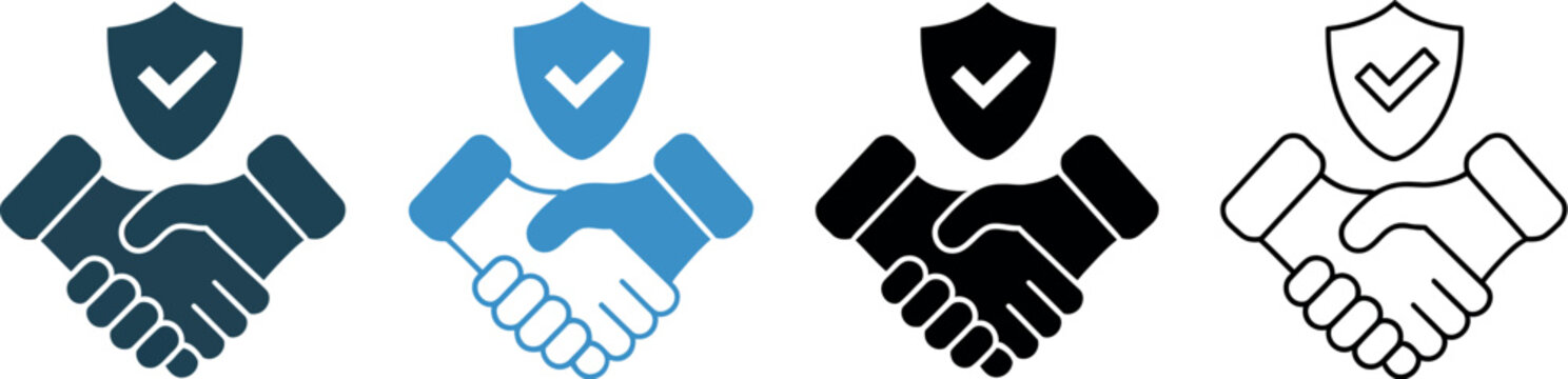 Vector trust icon set with multiple style options including outline, solid, flat, and colorful designs symbolizing reliability, safety, and dependability