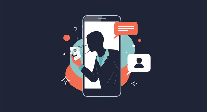 Silhouette of a cybercriminal emerging from a smartphone screen holding a mask to represent online identity theft and fraud.