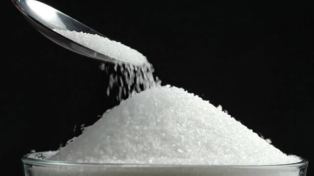White granulated sugar falling from a metal spoon into a glass bowl