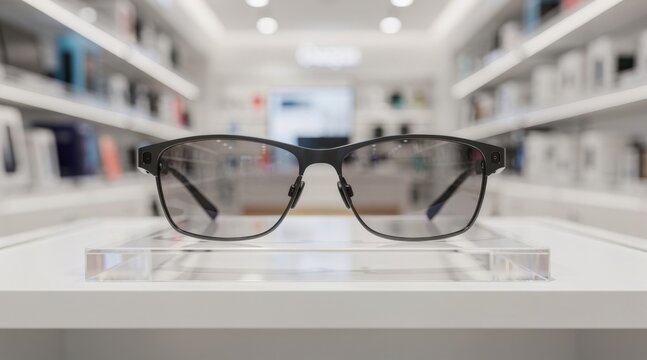 Black rimmed glasses on a transparent stand in a blurred optical store interior.