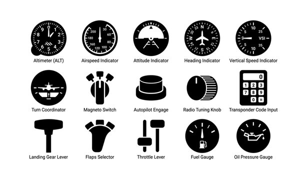 Aircraft cockpit instruments icons: altimeter, airspeed, attitude, heading, vertical speed