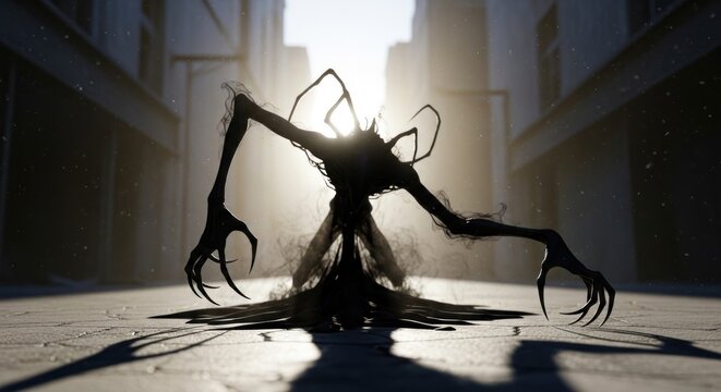 Creepy shadow creature with claws in a bright city alley