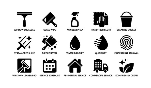 Cleaning supplies icons: window squeegee, spray bottle, microfiber cloth, cleaning bucket