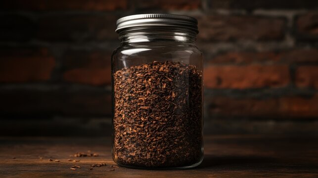Jar of dark fragrant pipe tobacco on a wooden surface