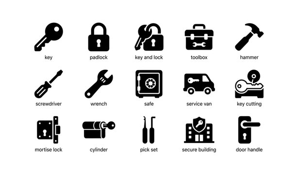 Black silhouette icons: locksmith tools and security symbols set