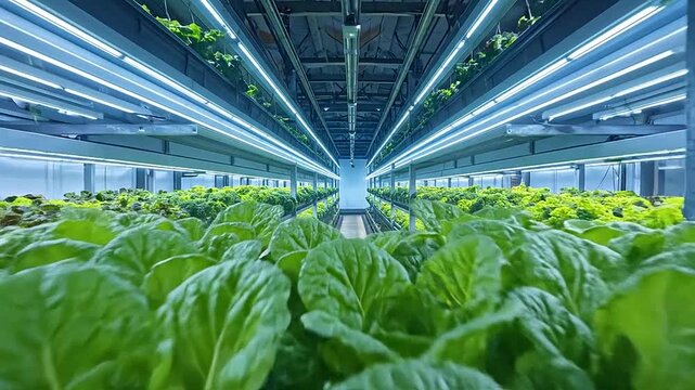 Rows of fresh green lettuce growing in a modern indoor vertical farming facility