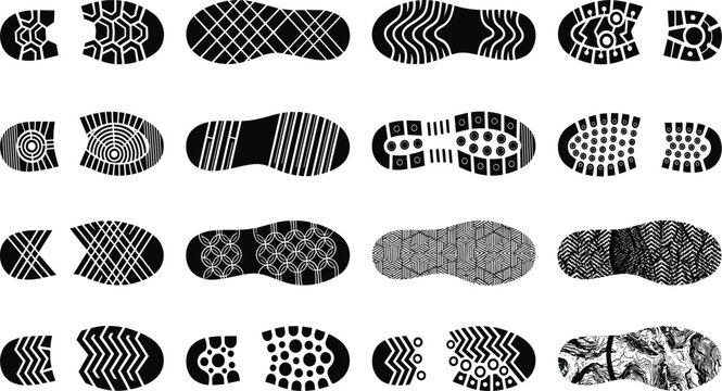 Black and white shoe sole print collection, diverse tread pattern designs, geometric and abstract footwear traction vector illustration artwork