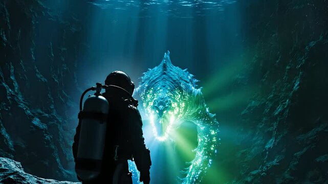 Scuba diver encounters a giant bioluminescent sea monster in a deep ocean trench, cinematic fantasy underwater discovery for sci-fi films and environmental mystery themes.