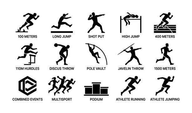 Athletics icon set featuring track and field events in silhouette design