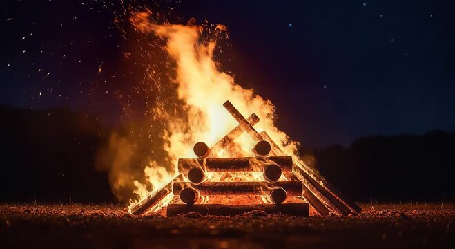 night campfire teepee bonfire blazing under starry sky
